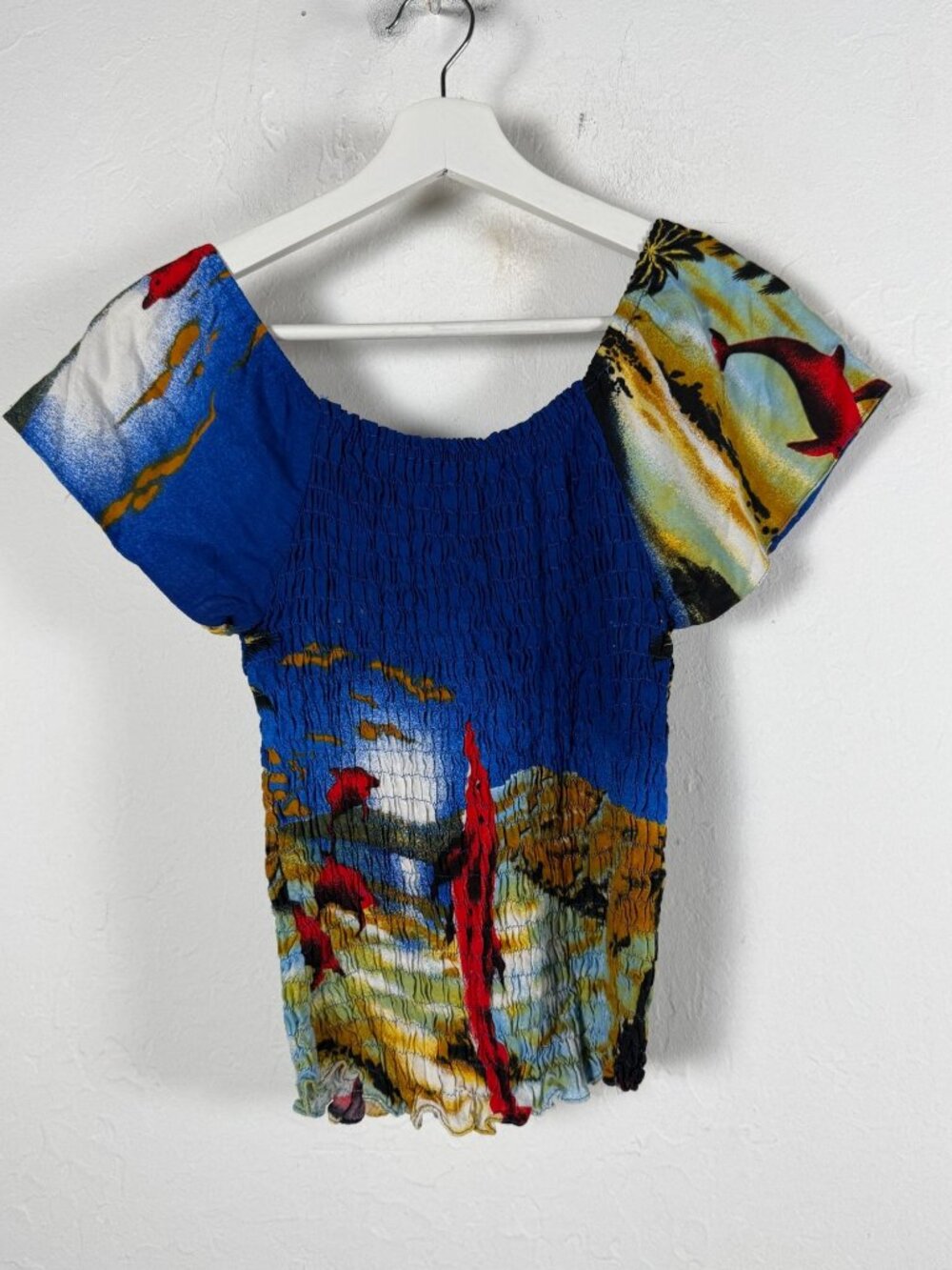 Womens Smocked Crop Top Blue Dolphin Tropical Print Casual Blouse Off Shoulder